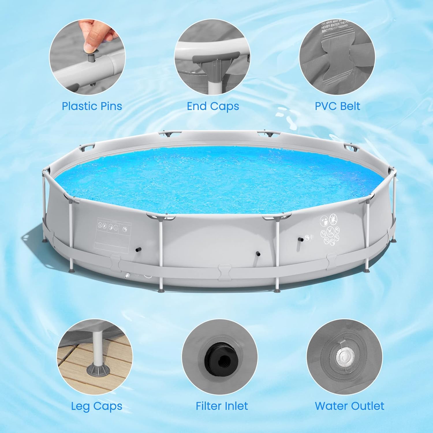 Goplus Above Ground Swimming Pool, 12ft x 12ft x 30inch Outdoor Steel Frame Pool W/Pool Cover, Reinforced Steel Frame, Round Swimming Pool for Backyard, Garden, Patio, Balcony (Gray)