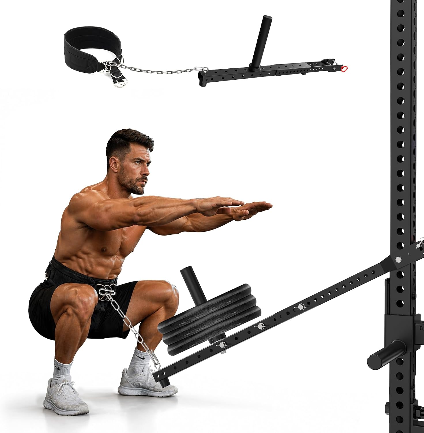Belt Squat Attachment with Universal Belt for All Power Racks | Durable Weight Belt Squat Attachment with Adjustable Length for 2"x 2", 3"x 3", 2"x 3" Squat Racks and 1'' or 5/8'' Holes