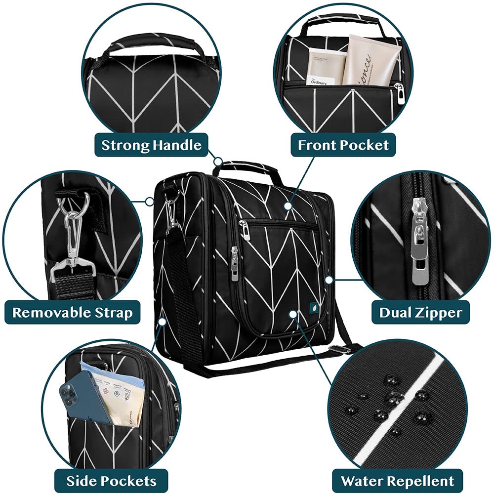 PAVILIA Large Hanging Toiletry Bag for Women Men, Travel Toiletry Bag Organizer for Toiletries, Cosmetics, Makeup Bag with Mesh, Water Resistant Pockets (Black Chevron)