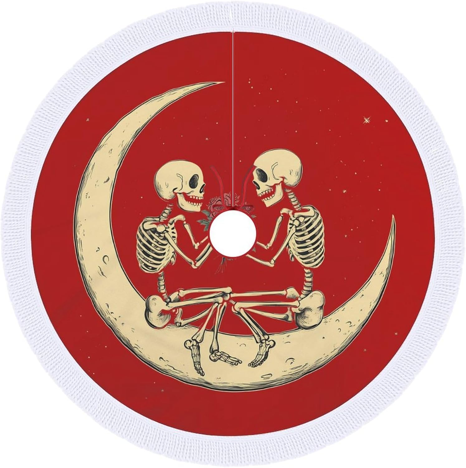 Skull Moon Rose Christmas Tree Skirt Round Xmas Tree Mat Ornaments Tree Skirts with Tassels for Holiday Party