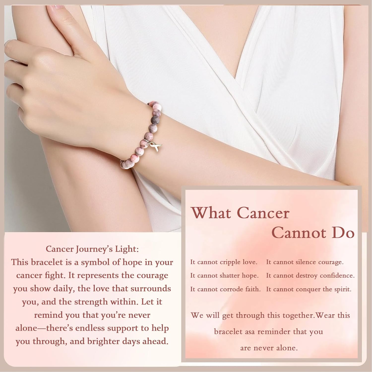 Breast Cancer Bracelets Natural Stone Bead Breast Cancer Awareness Bracelets with Ribbon Charm Inspirational Encouragement Gift with Message Card for Women - Image 4