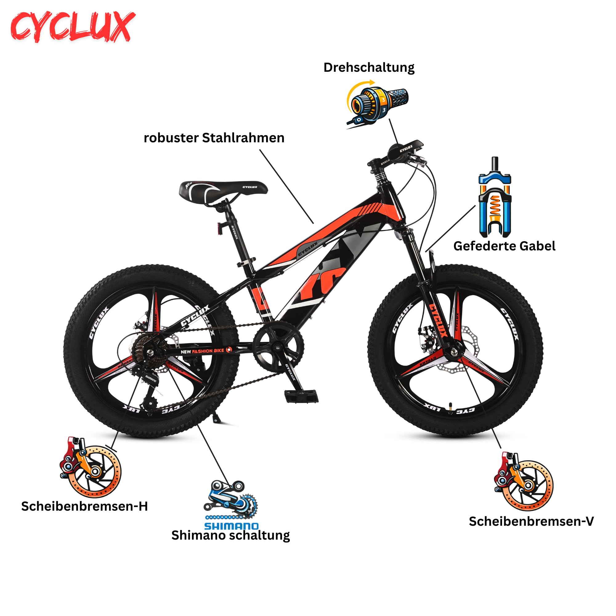 Cyclux 20 Zoll kinderfahrrad für Jungen & Mädchen – 7-Gang Shimano Schaltung – Scheibenbremsen vorne & hinten – gefederte Gabel – robuster Stahlrahmen – Kinder-Mountainbike Farbe Rot Sport & Freizeit