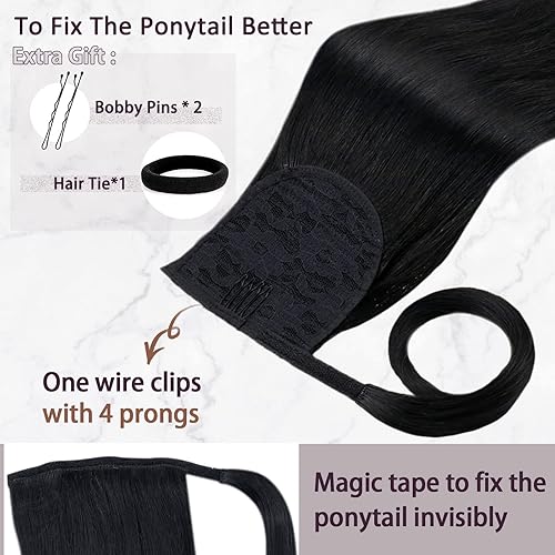 Miniatura 7 de RUNATURE Extensiones de cabello humano de una pieza de cola de caballo negro azabache, extensiones de cabello humano lacio con alambre invisible