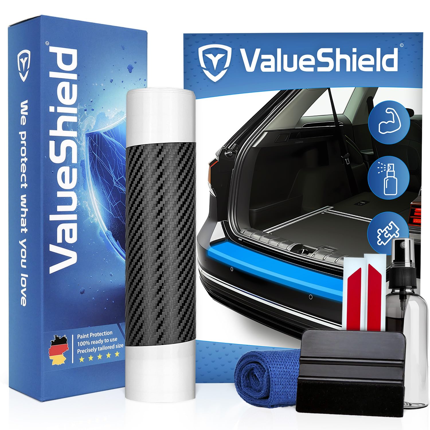 ValueShield Ladekantenschutz passend für Skoda Karoq 2017-2024 (5-Türer, SUV): Hochleistungsfolie, Lackschutzfolie & Kratzschutz für Kofferraum, Stoßstange, Schweller | Carbon+Rot