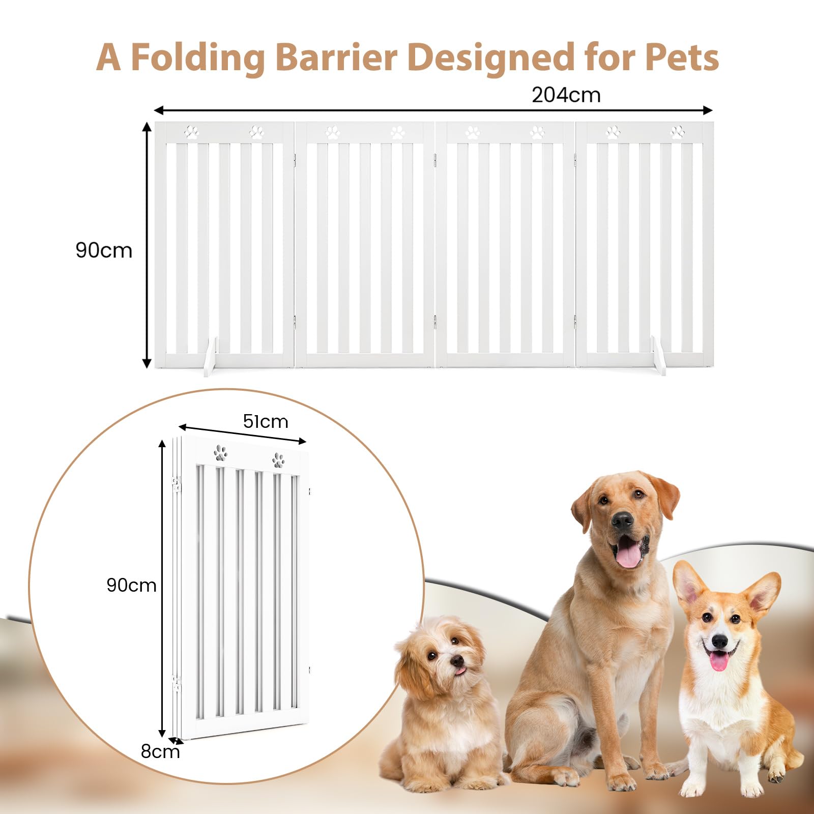SOARS Absperrgitter Hund, 204x90cm Hundegitter Wohnung mit 2 Stützfüßen, Faltbares Schutzgitter, Treppengitter, Absperrgitter für Küche, Flur, Kamin & Ofen, 4 Paneelen, Weiß
