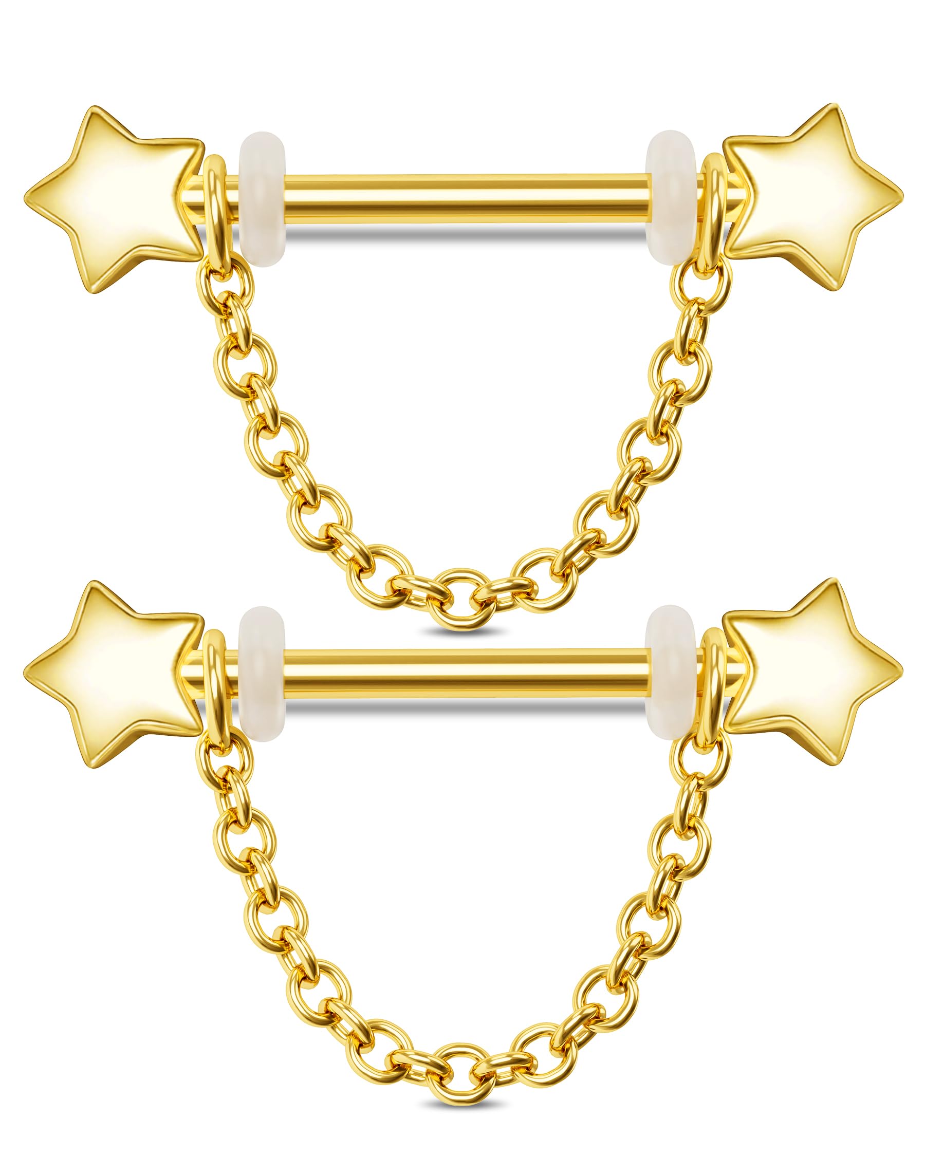 Jewseen 14G Star Nipple Rings Dangle Chain Piercing Jewelry Surgical Steel Gold Barbell Studs for Women