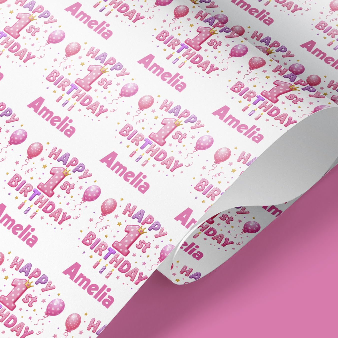 Personalised Pink 1st Birthday Wrapping Paper | Any Name | Girls Gift Wrap (4mt)