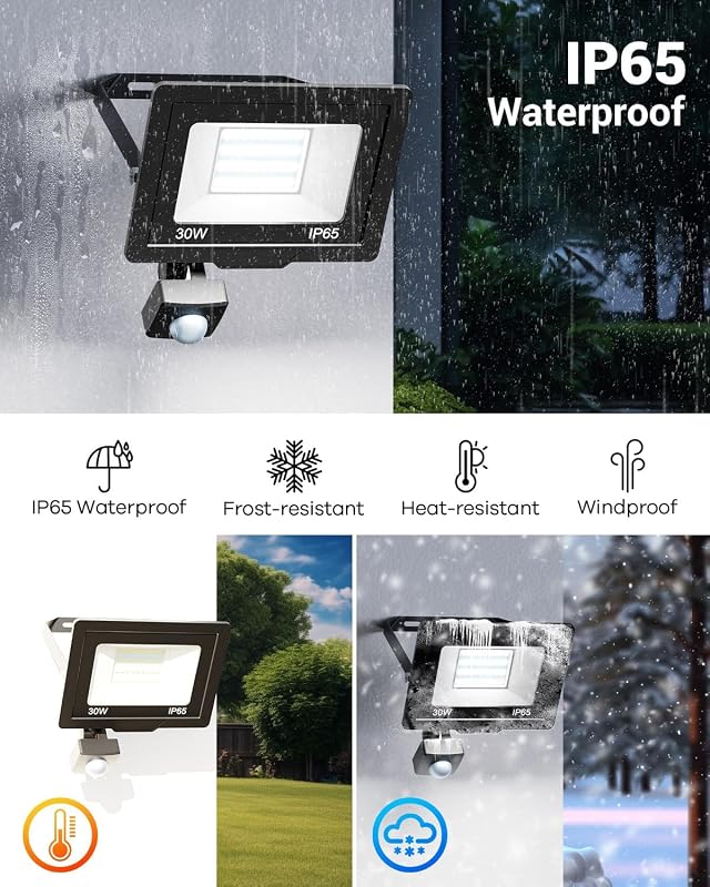 nipify 30W LED Reflektor Mozgásérzékelővel, 3000LM Kültéri Biztonsági Lámpa IP65 Vízálló