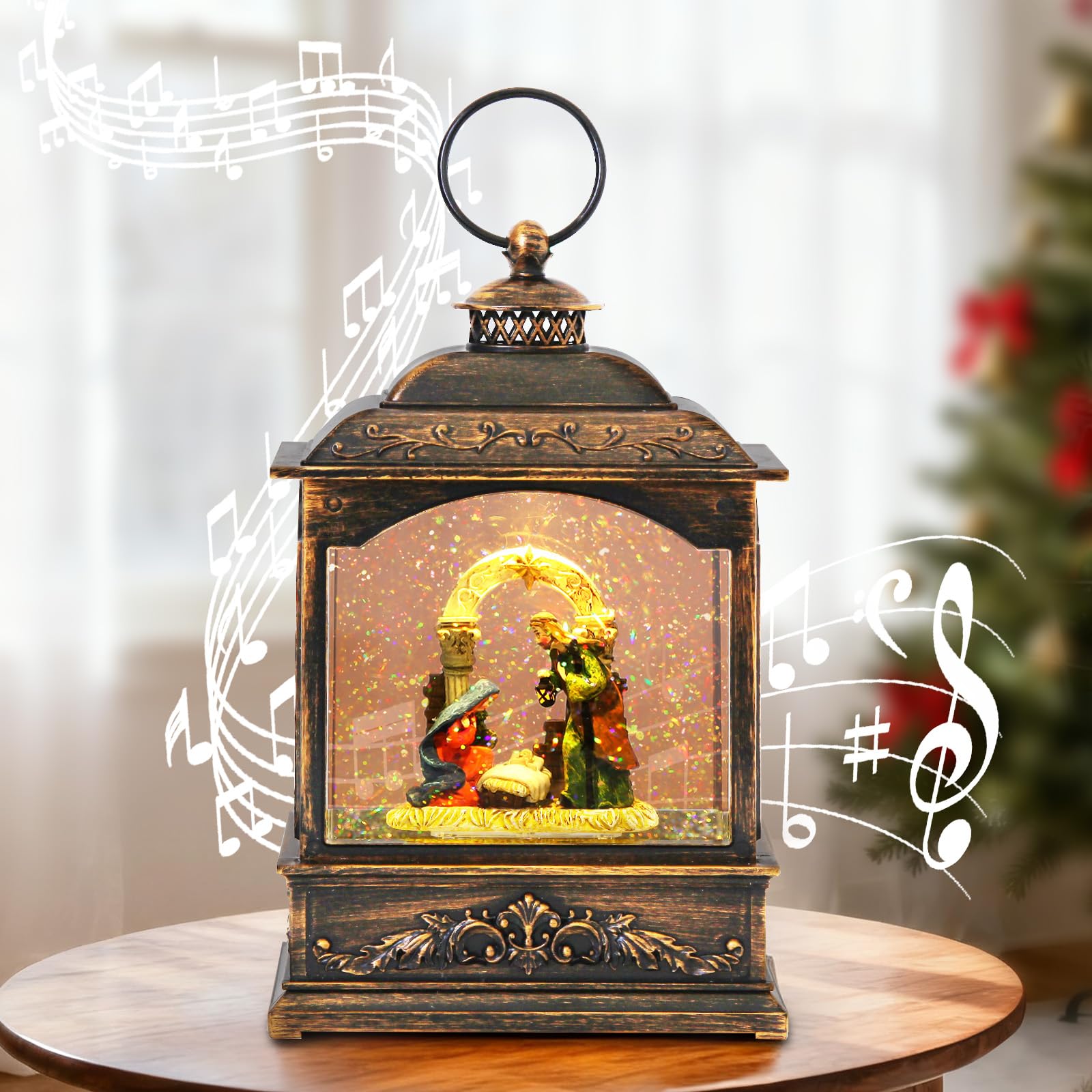 Weihnachtliche Schneekugel Musikspieluhr mit Krippen-Szene | LED Wasserlauflicht Weihnachtsdekoration | 6-Stunden Timer | 21 cm | USB/Batteriebetrieb
