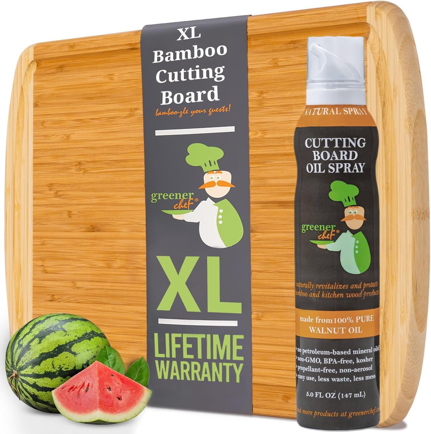 Extra Large Bamboo Cutting Board and Food Grade Oil Spray by Greener Chef