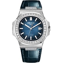 OBLVLO Homage Automatic Watch for Men, Textured Dial, Diamond Bezel, Calfskin Strap, Ultra-Thin Steel Case, FM-ATD