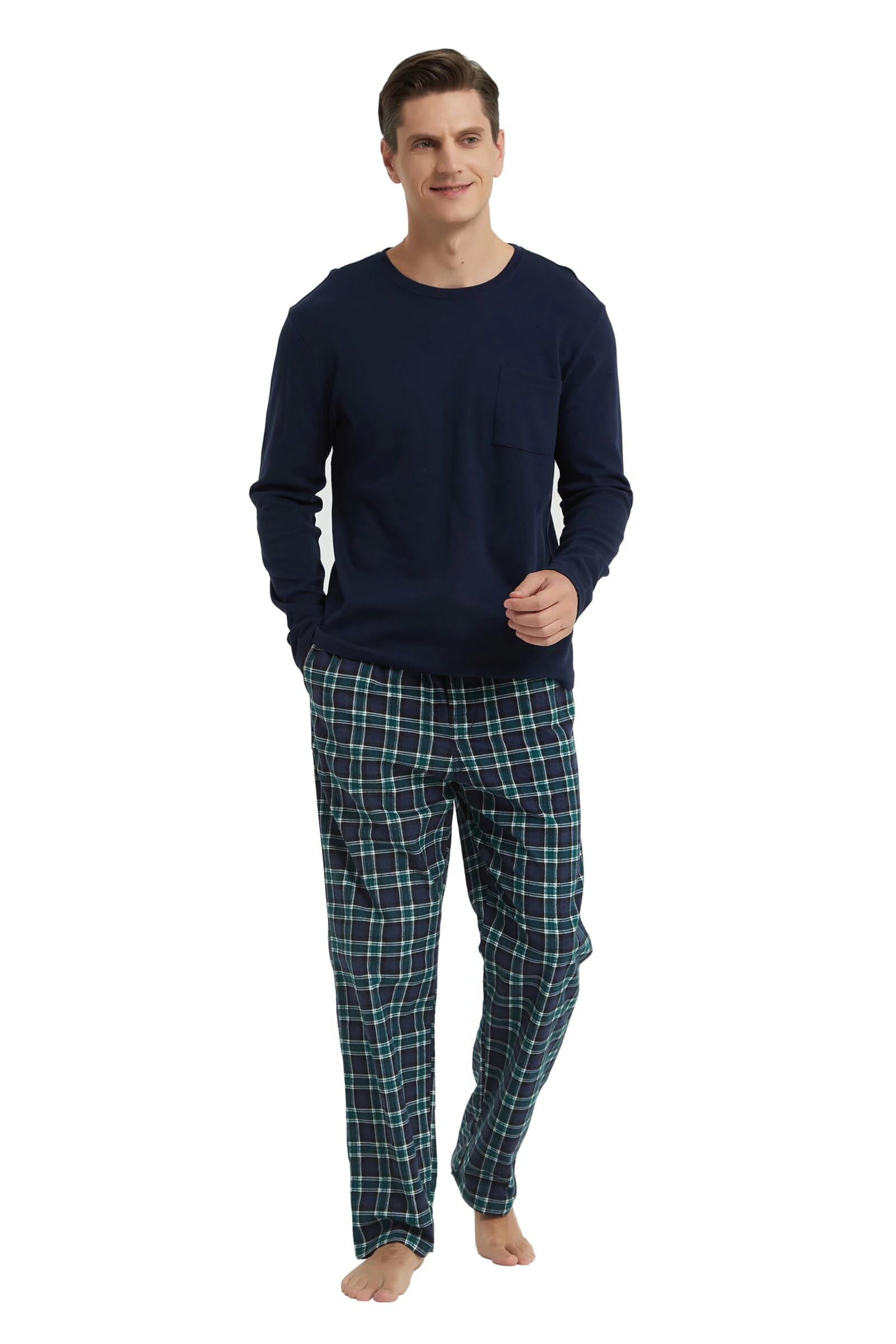 GLOBAL Pijamas Hombre Franela Cómodo Ropa Dormir Largo Suave Conjunto de Algodón Hombre Manga Larga Cuello Redondo y Pantalones Cuadros