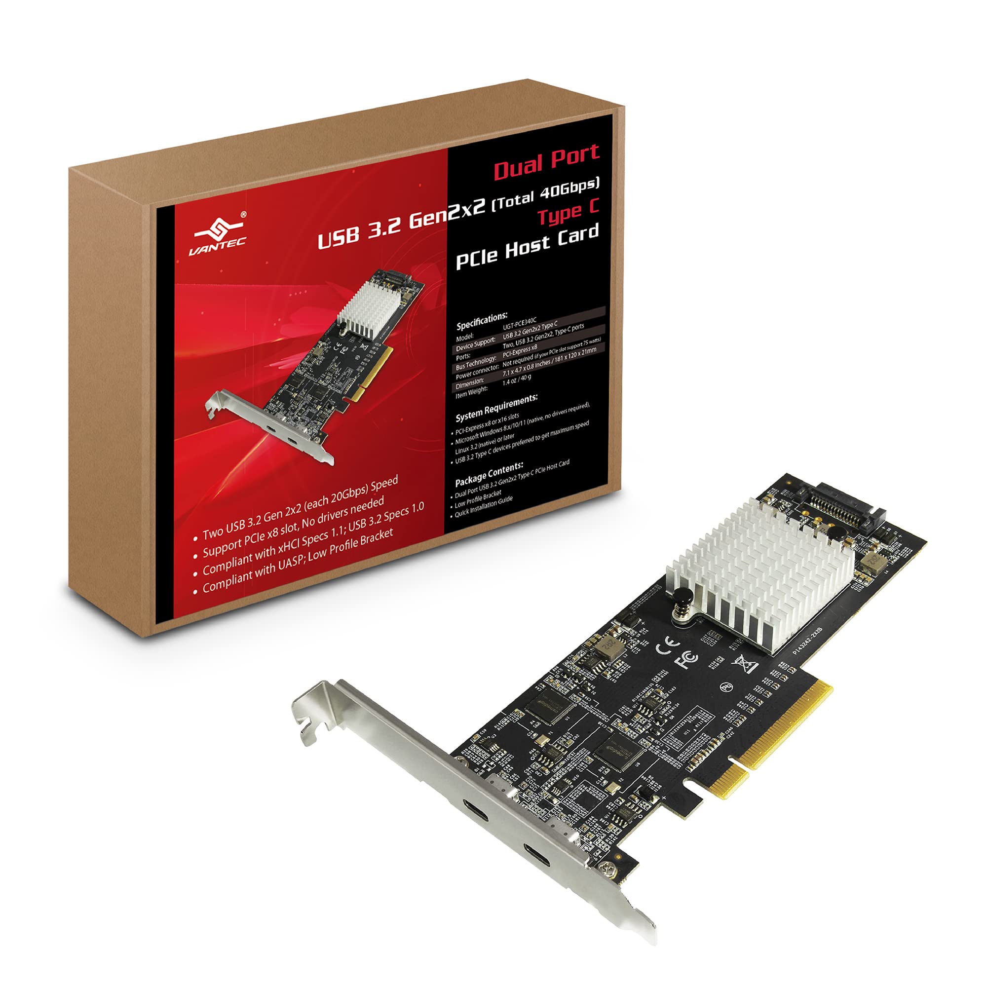 Carte PCIe Vers USB 3.2 Gen 2 - 5 Ports (3x USB-A + 2x USB-C) - Bande Passante 20 Gbit/s - Pour Ordinateur De Bureau