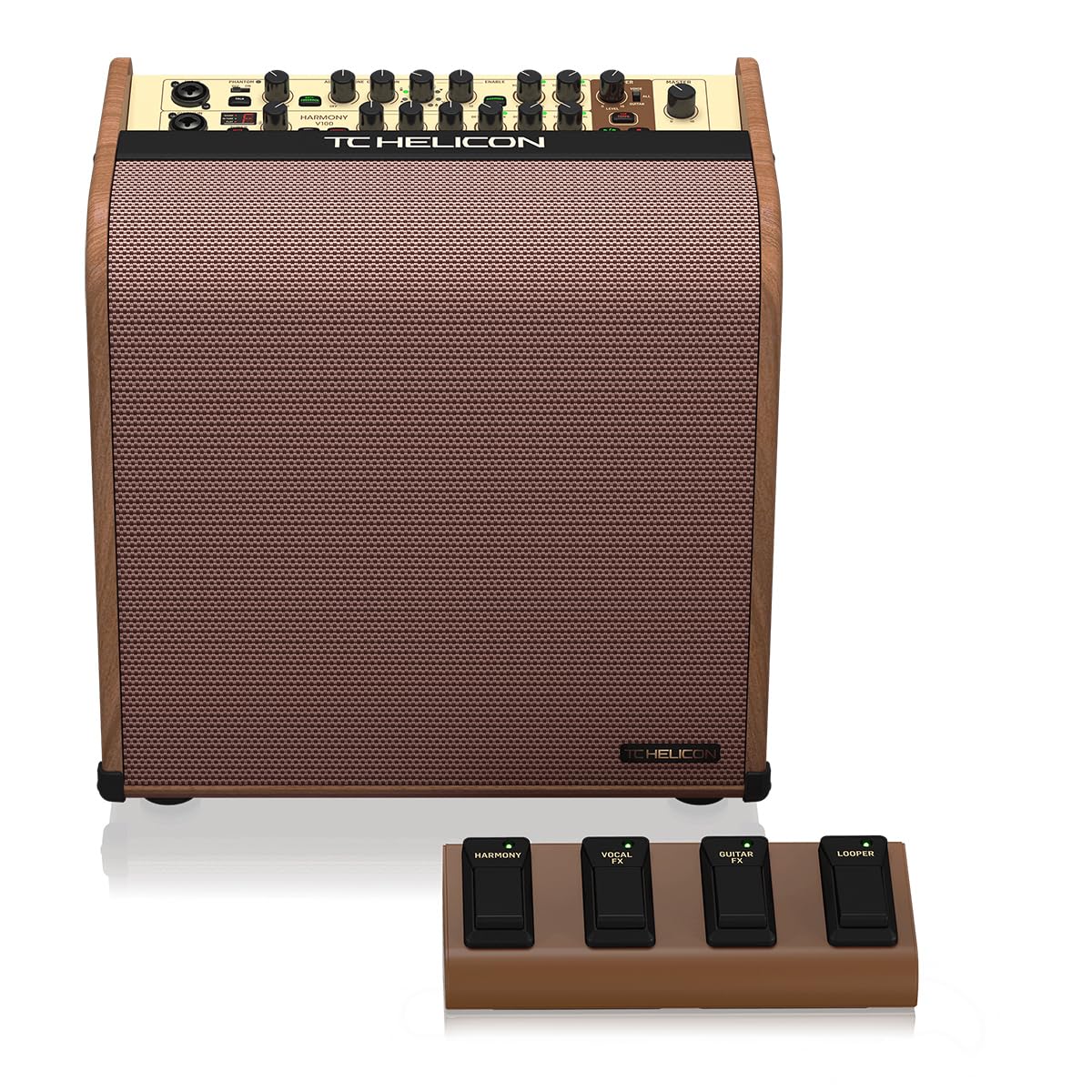 TC-Helicon Harmony V100 100 Watt 2 Channel Acoustic Amplifier with Vocal Processing, Looper, Tannoy Dual Concentric Speaker and 4-Button Footswitch