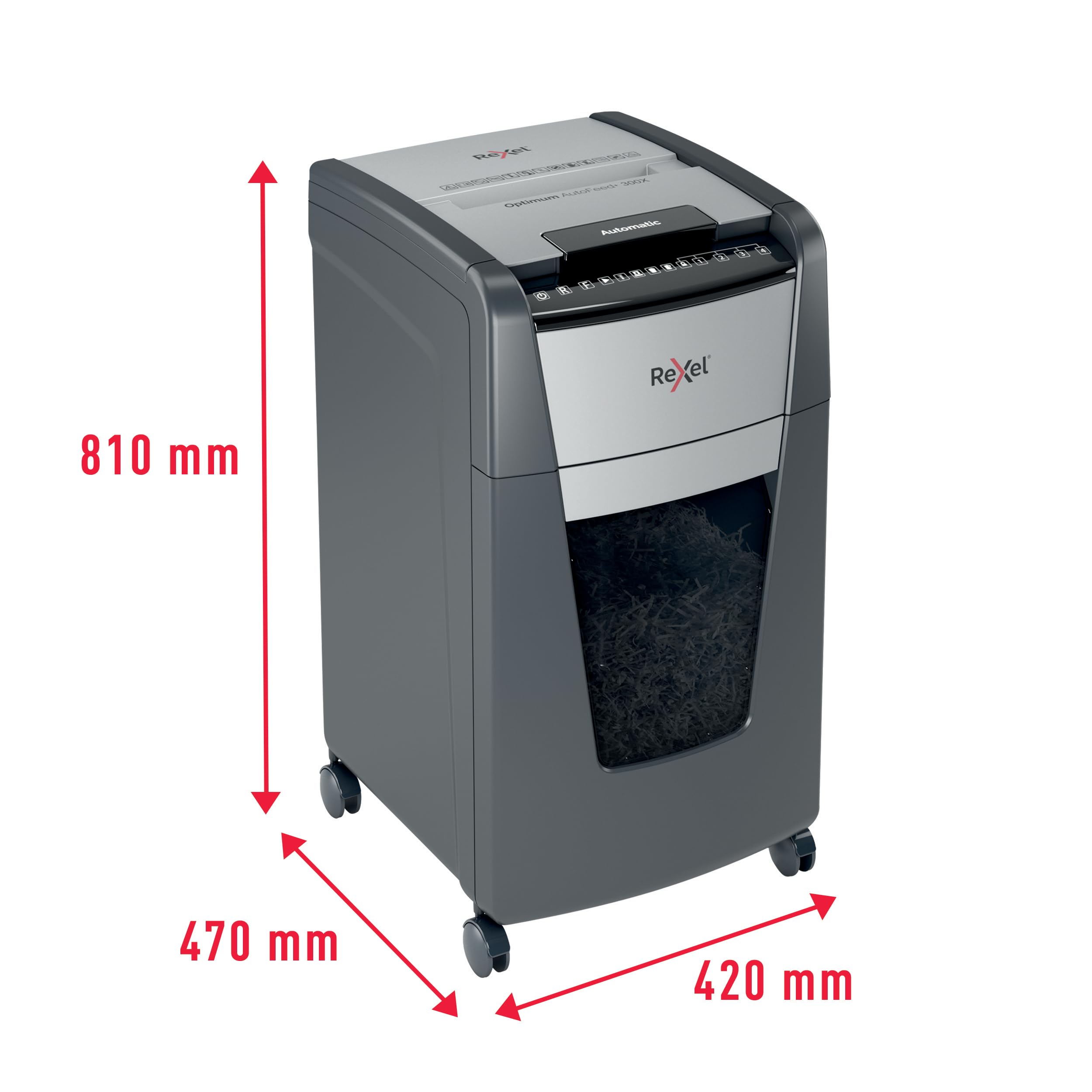 REXEL Optimum Auto Feed+ 300X, Distruggi documenti Automatico, 300-330 Fogli (80-70 gr-mq), Taglio a Frammento, Livello di Sicurezza P-4, per l?Ufficio, Capacit? 60 Litri, con Ruote, 2020300XEU