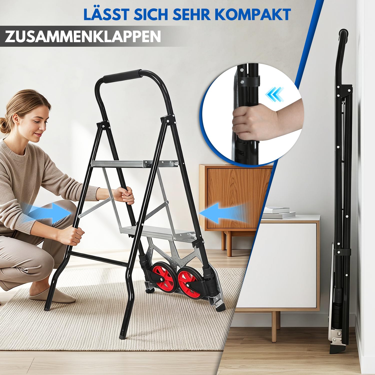 2-in-1 Sackkarre mit 2-stufige Trittleiter, klappbar