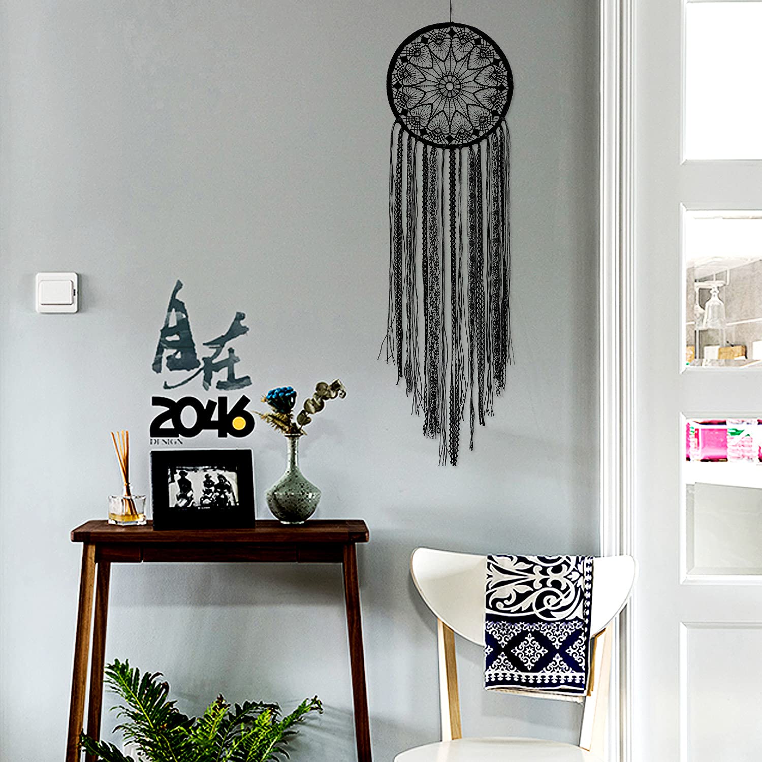 Large Black Dream Catcher With Tassels - 7.8" Diameter, 23.6" Long Boho Wall Decor