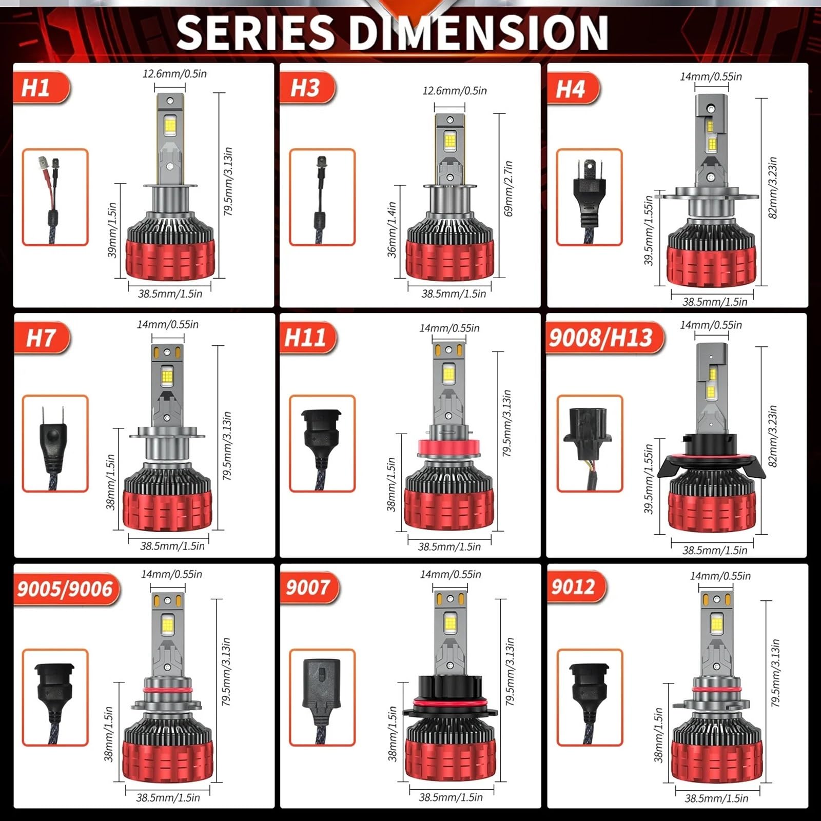1200W 1000000LM H4 LED H7 Faros de Coche 6000K Faro H1 Led H11 H8 H3 HB3 9005 HB4 9006 9007 9008 H13 9012 HIR2 H9 Luces de Coche (Color : 6000K, Size : H1)