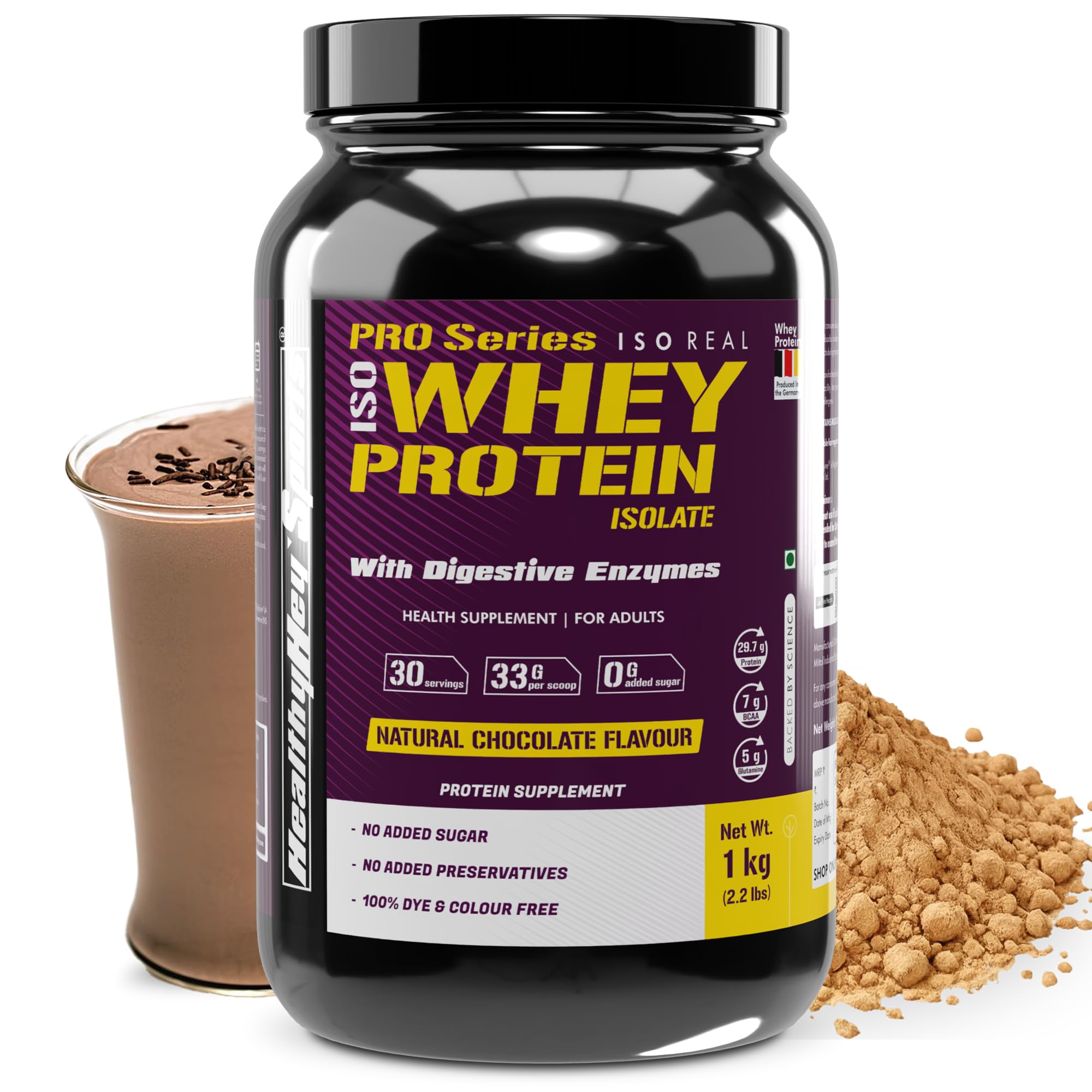 ISO Whey Protein - ISOReal (Sourced From Germany) - 90% Protein with Digestive Enzymes - (Natural Chocolate - 1 kg)