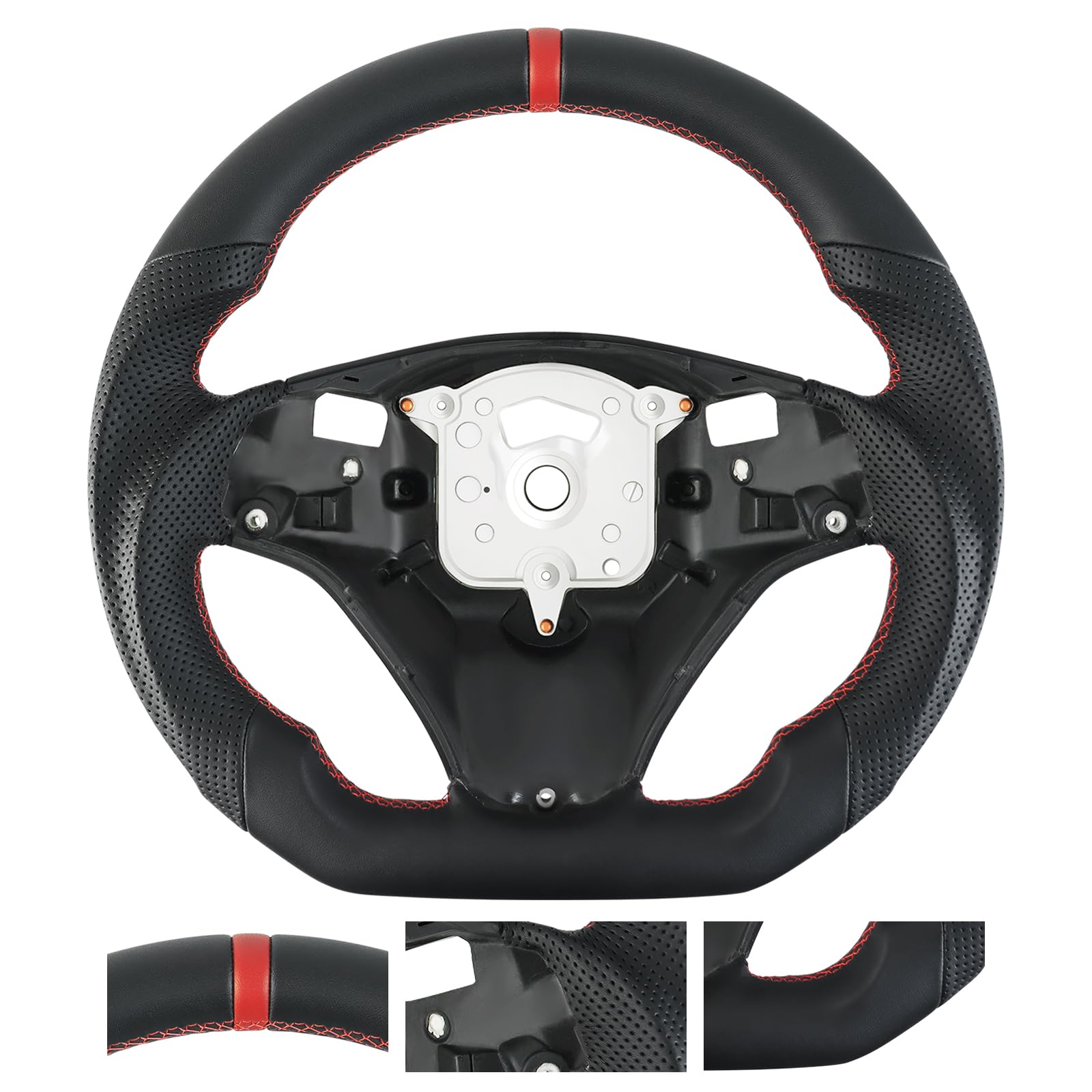 Vollleder - Lenkrad Anti-Rutsch-Ledergriff D-förmig flache Unterseite Lenkrad mit roten Nähten für BMW M Sport 1/3 Series M3/E88 E90 E91 E92 E93 2005-2012