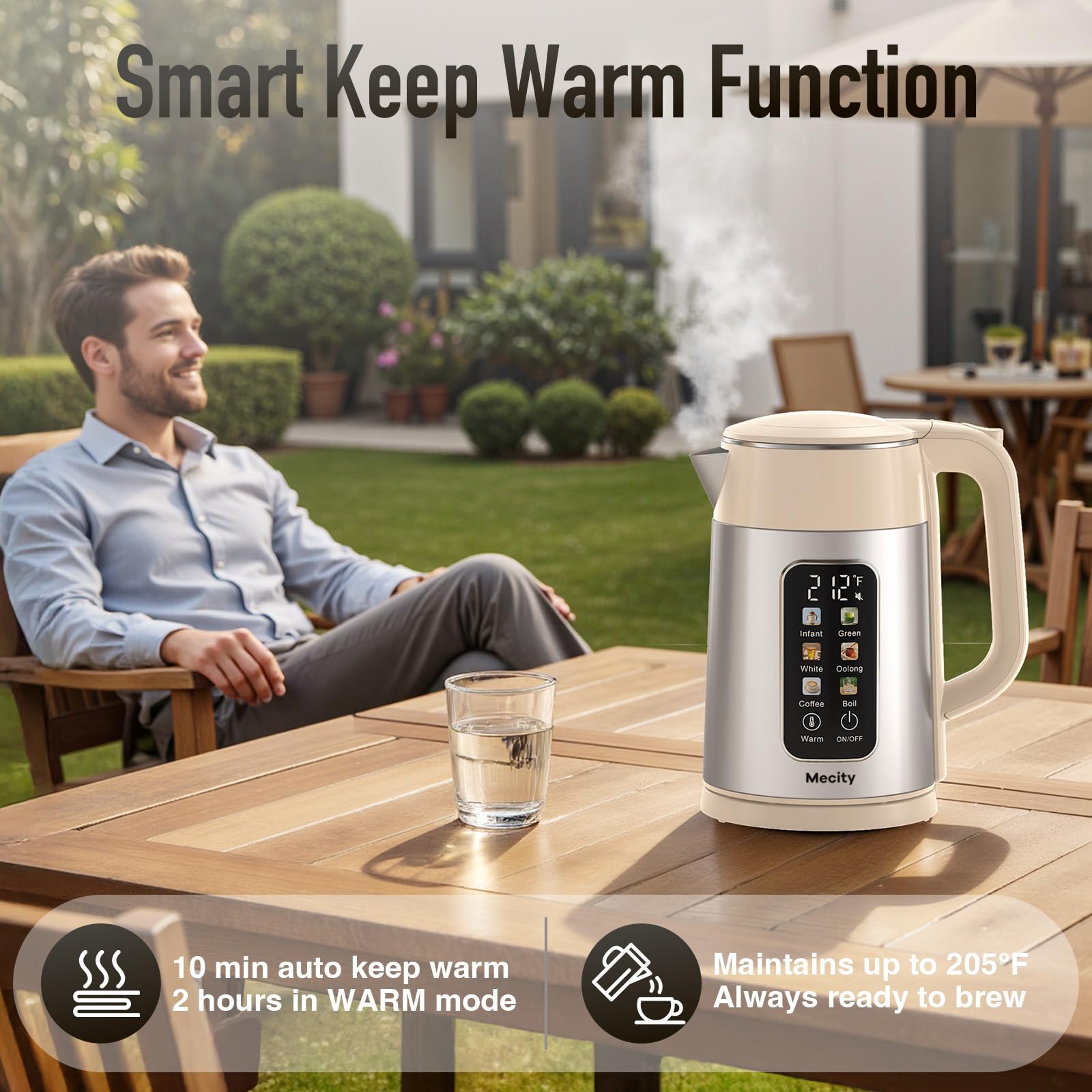 Mecity - Hervidor eléctrico de 1,7 litros, control de temperatura, sin contacto de plástico con agua. 6 programas de temperatura preestablecidos, 2 horas para mantener el calor, acero inoxidable