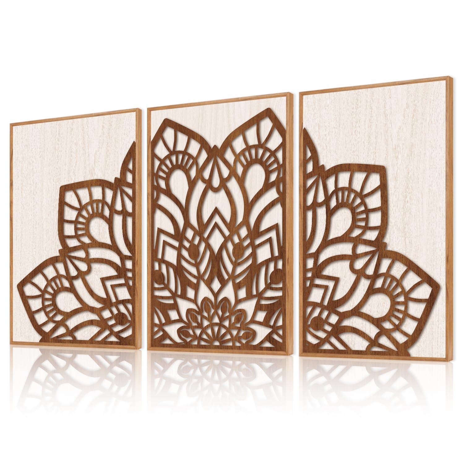 FWIEXA Lotus Flower Wood Wall Art, Rustic Boho Mandala Wall Decor, Vintage Meditation Zen Wall Art for Living Room Bedroom Yoga Room Office, Spiritual Decor-16"x 24"x 3 Panels