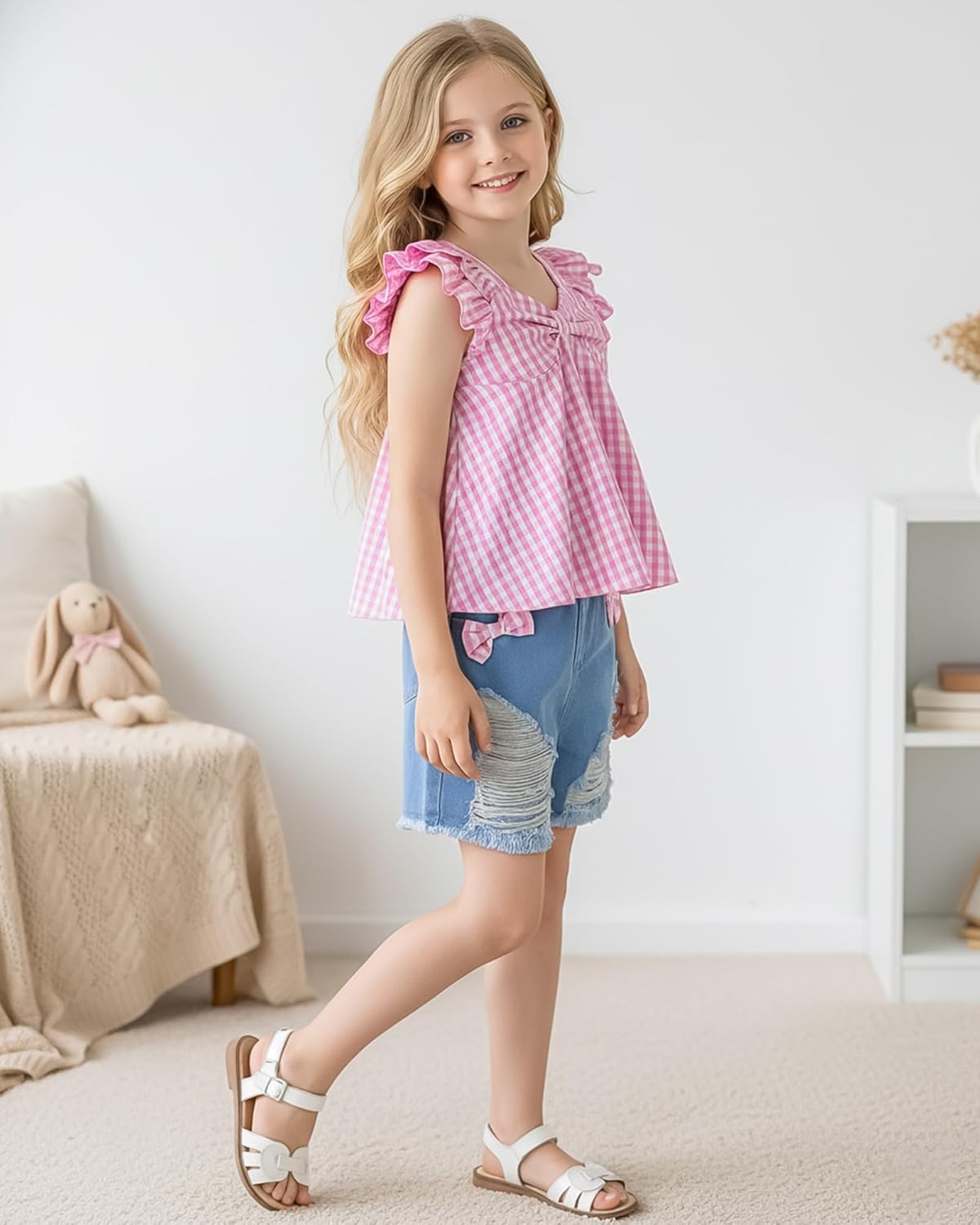 Jecson Girls Summer Outfits 2 Piece Set Girls Short Sets Cute Ruffle Top and Bow Denim Shorts 5–12Y - Image 5