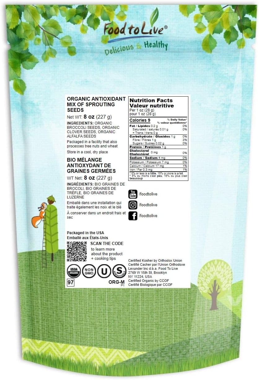 Organic Antioxidant Mix of Sprouting Seeds, 8 Ounces — Non-GMO Broccoli, Alfalfa, Clover, Rich Germination Rate, Non-Irradiated, Kosher, Vegan Superfood, Bulk, Rich in Sulforaphane : Grocery & Gourmet Food