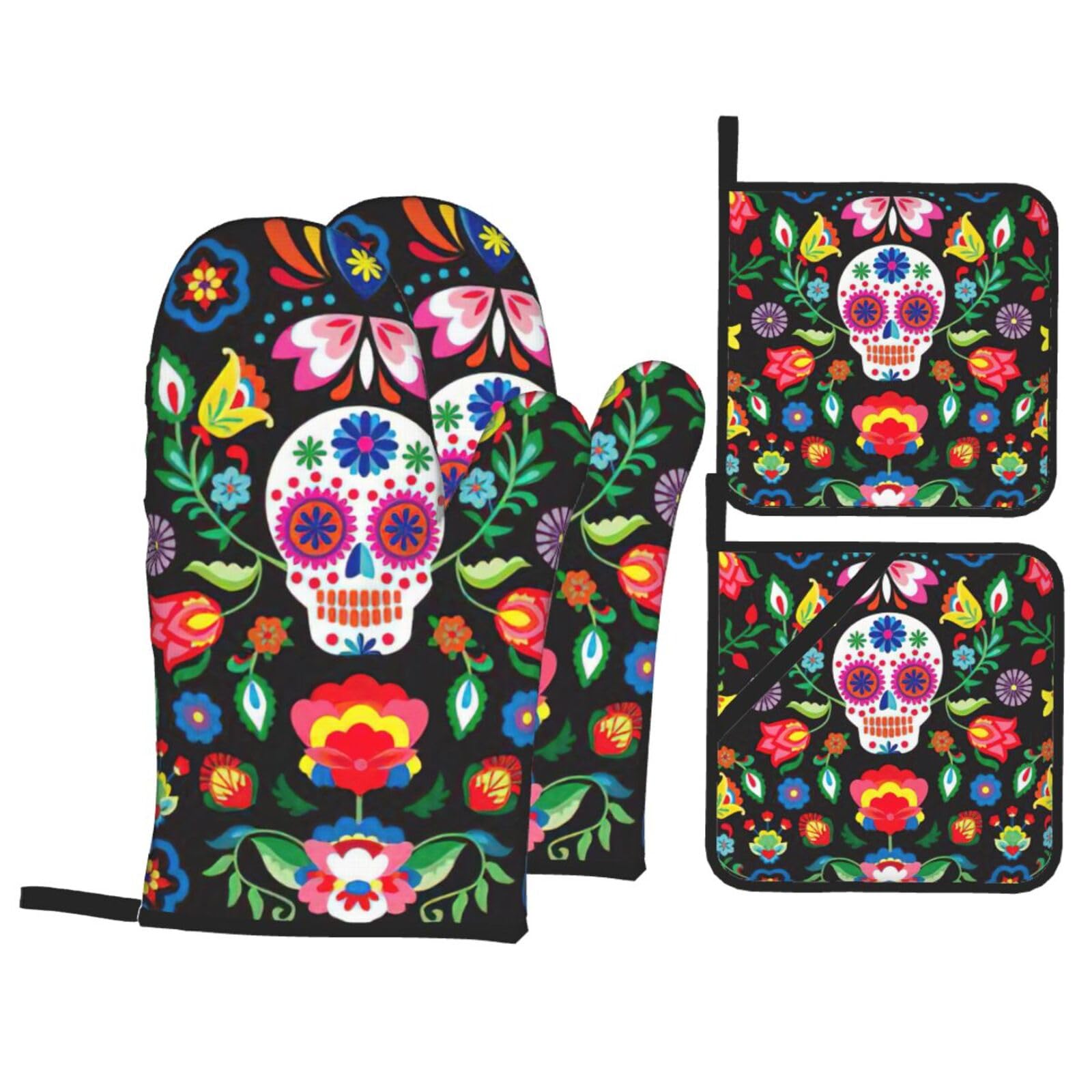 Sugar and Skulls and Flowers Print 4-Piece Oven Microwaving Set Waterproof Kitchen Gloves for Baking Grilling Cooking