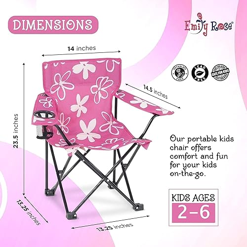 Miniatura 3 de Emily Rose Kids Pink Folding Beach Camp Chair with Cup Holder Safety Lock & Carry Case - Toddler Girls Chair Ages 2-7 Indoor Outdoor Lightweight