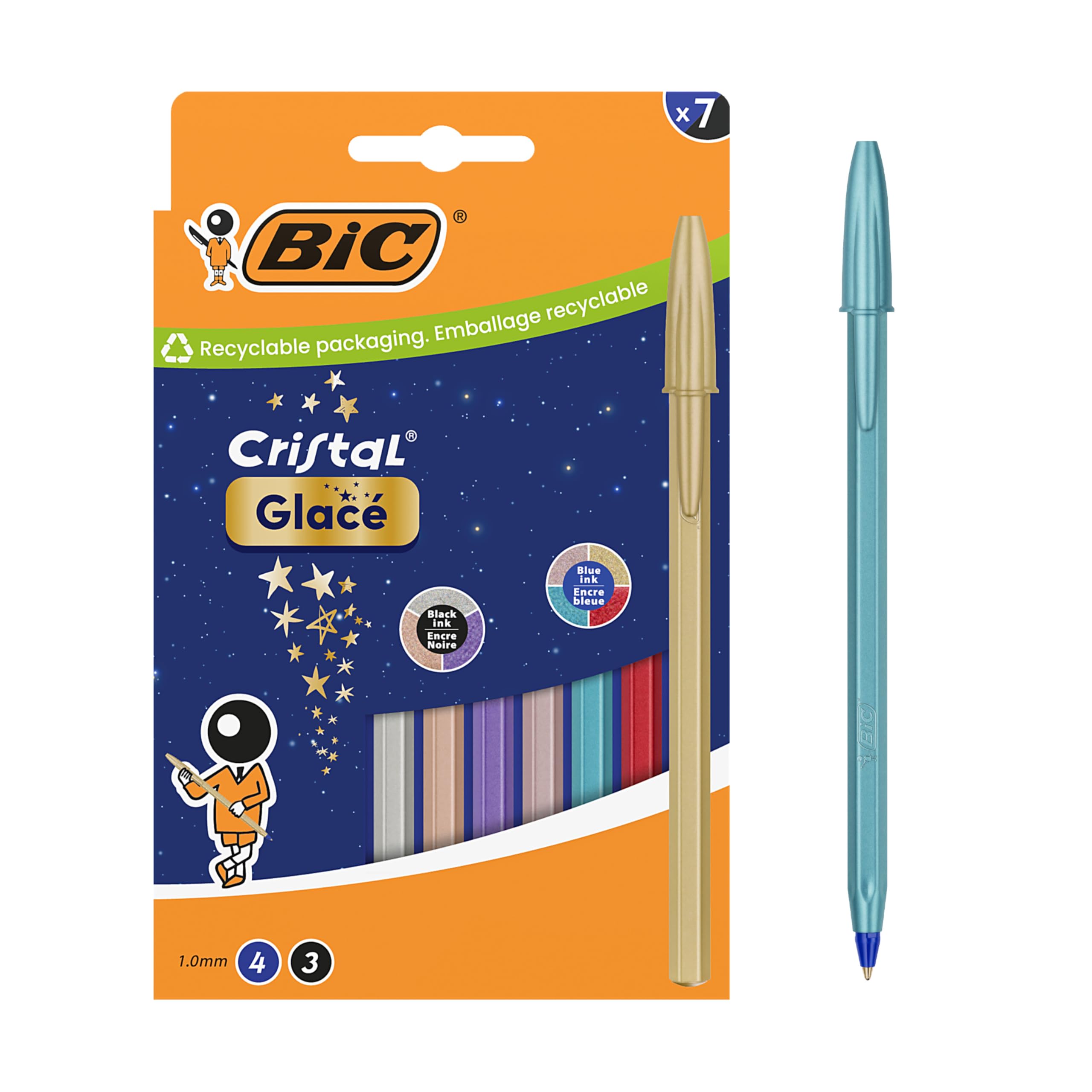 BIC Cristal Glacé Ballpoint Pens Medium Point (1.0mm) with Refillable Ink Refills - 4 Blue Ink, 3 Black Ink, Box of 7