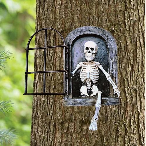 Esqueleto de Halloween, la puerta, árbol, abrazador, estatua de jardín, cráneo, resina, falta de manos y piernas, escultura de cara de árbol,