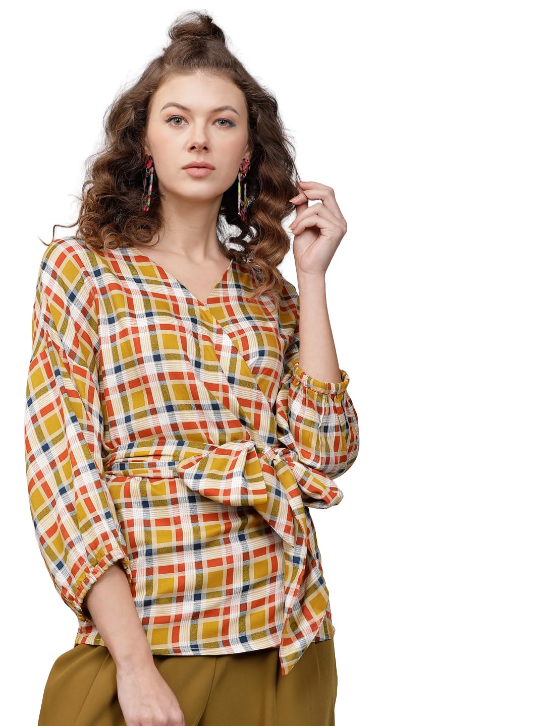 tokyo talkies Women's Three-Quarter Sleeves Round Neck Checked Tops|Stylish | Casual Wear-picture-28
