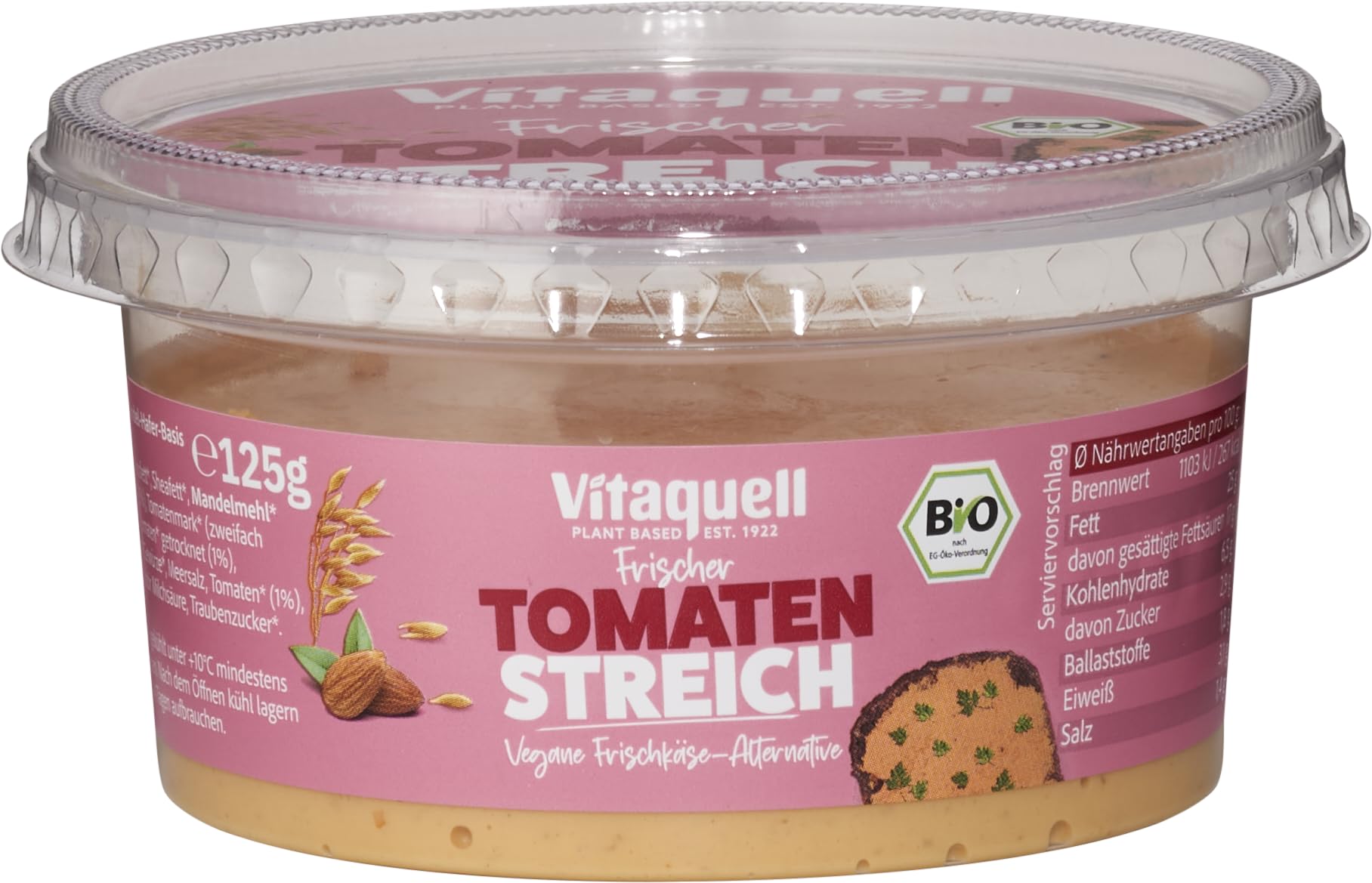 Vitaquell Bio Frischer Tomaten Streich, vegane Frischkäse-Alternative, 125g Becher