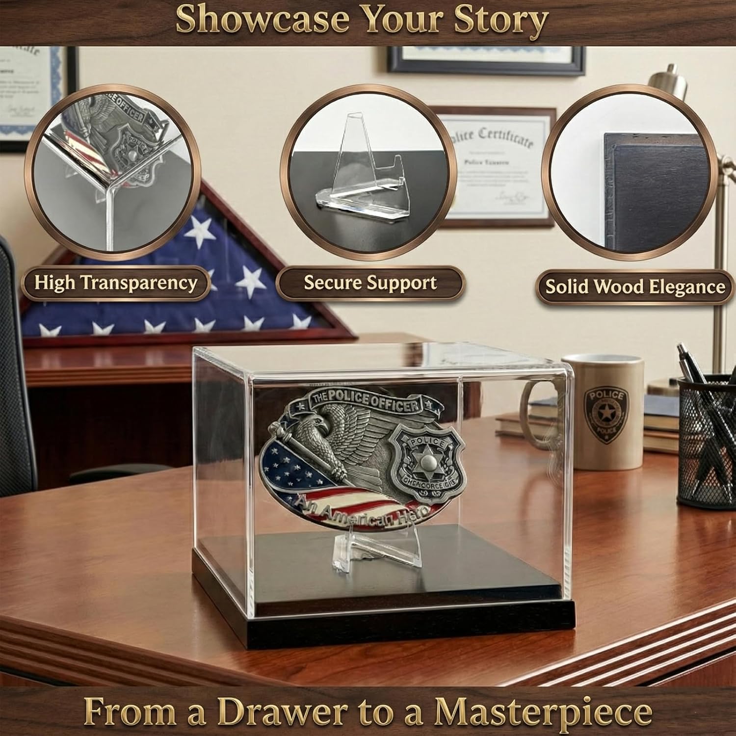 Belt Buckle Display Case - Brown Solid Wood Base & 3mm Crystal Clear Acrylic Box with Built-in Stand - Premium Holder for Rodeo, Western & Military Buckle - No Assembly Required - Inner 5.1"x4.3"x3.4"