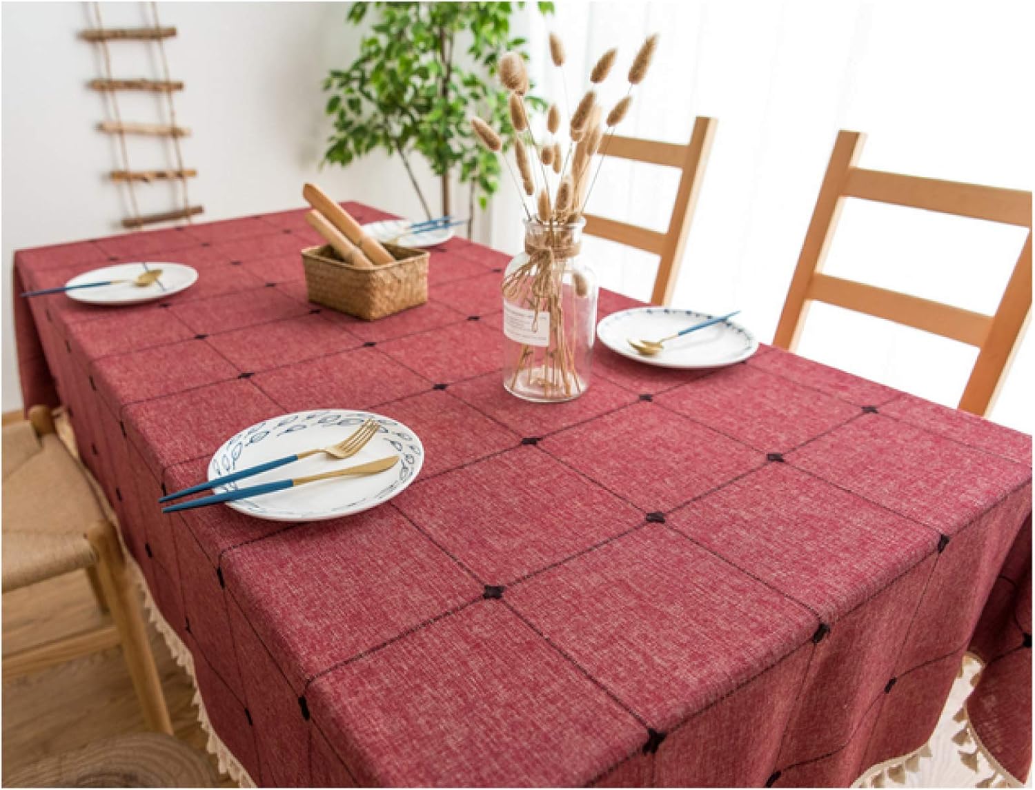 洗える綿リネンのテーブルクロス、大きなグリッドタッセルでデザインされたテーブルクロス、正方形の長方形のテーブルクロス、キッチンダイニ
