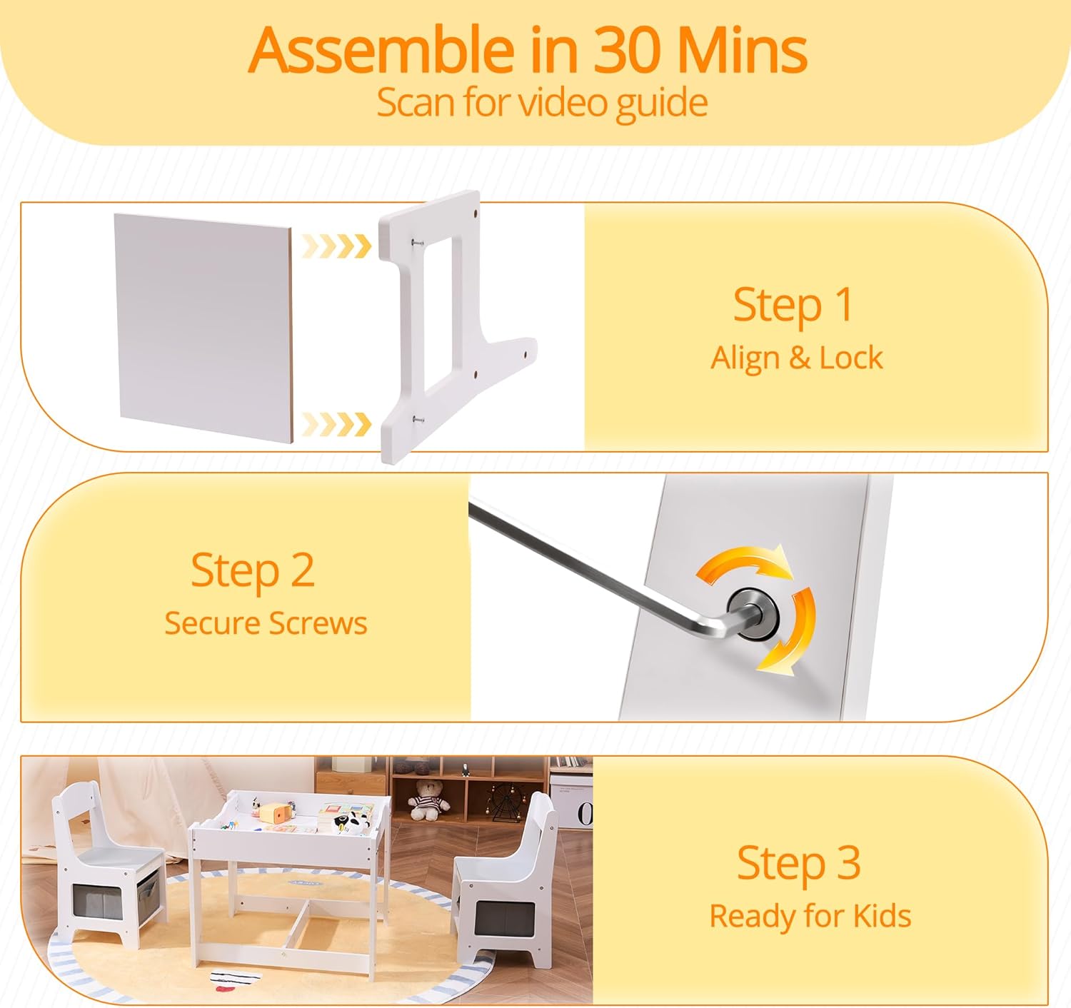Kids Table and Chairs Set - 3 in 1 Wooden Toddler Table with Storage Drawer and Detachable Tabletop, for Children/Toddler/Baby Drawing Reading Playing, White and Gray