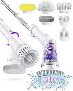 Electric Spin Scrubber, Cordless Shower Scrubber with 6 Brush Heads - 2H Dual Speed, IPX7 Waterproof Extension Handle for Bathroom Tile Car Cleaning