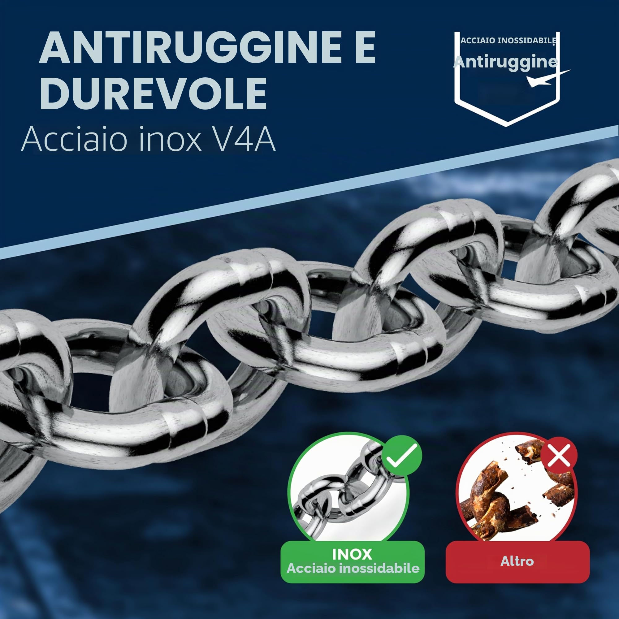 Catena acciaio inox A4 V4A AISI 316 Ø8 mm maglia corta 3 m – DIN 5685 / DIN 766 – carico di rottura indicativo 3.200 kg – confezione 1 pz