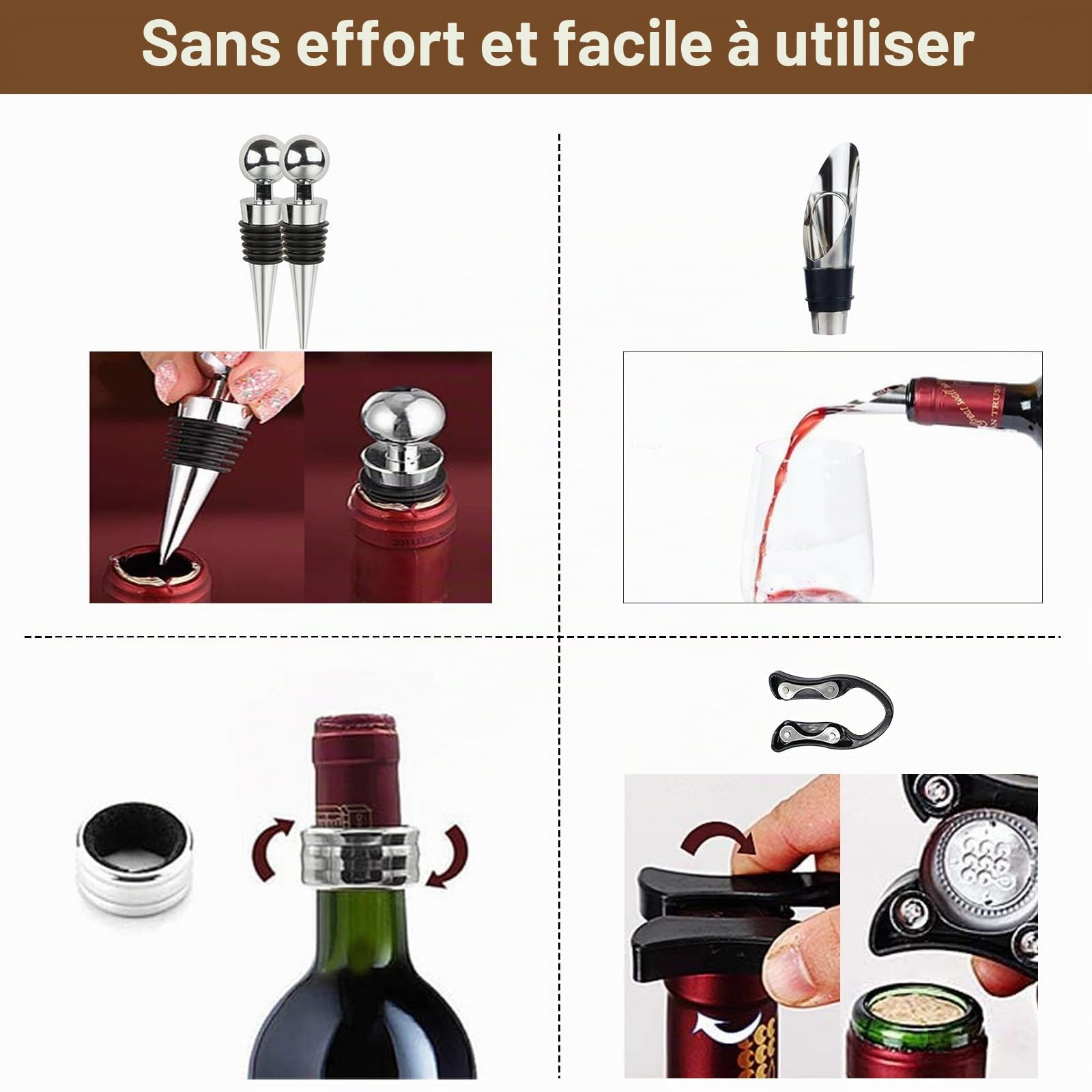 Tire Bouchon, 8 Pièces Ouvre Bouteille de Vin avec Boite Cadeau, Ensembles d'accessoires pour Vin avec Coupe-Capsule, Ouvre-Lapin, Anneaux Anti-Goutte, Bouchon et Verseur Vin, Vis sans Fin