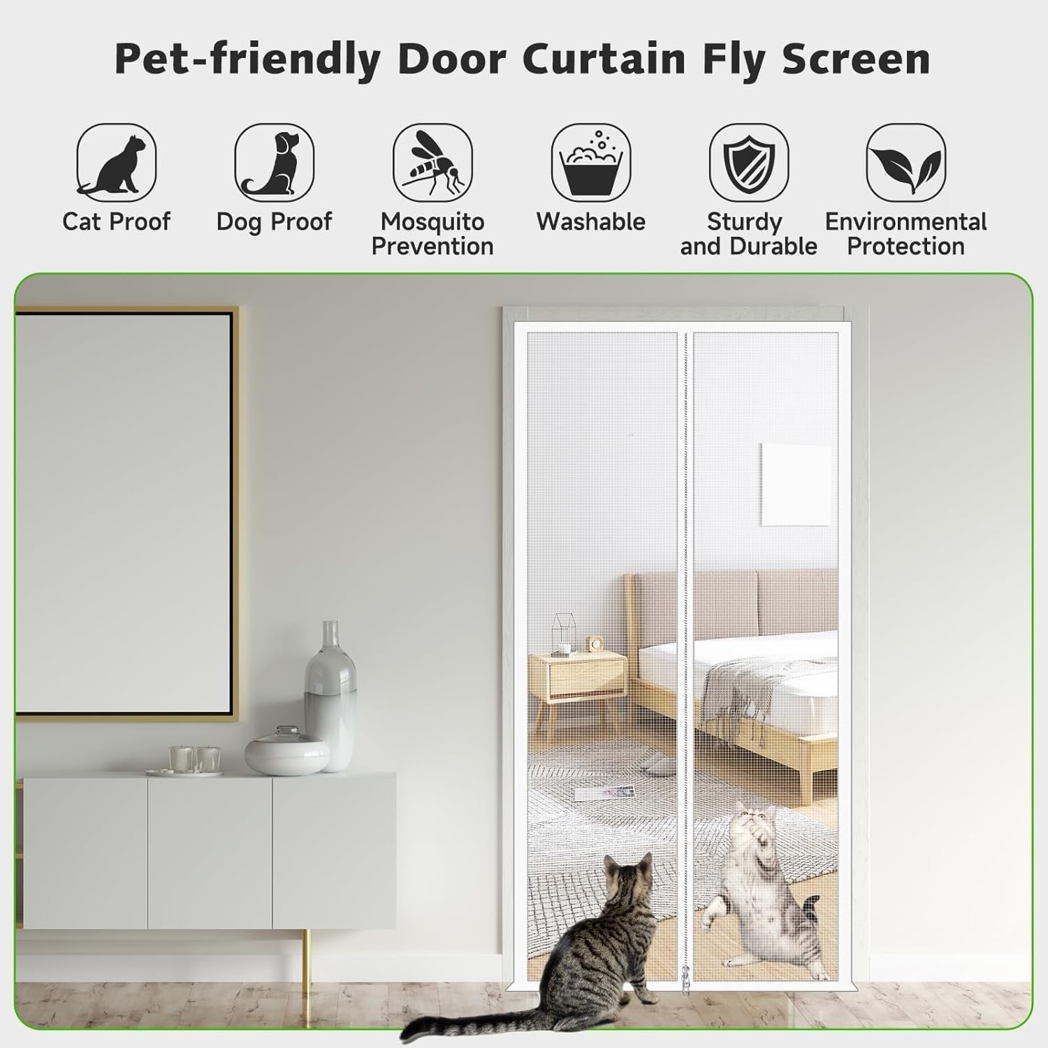 Puerta de malla para mascotas, barrera para gatos y perros con cerradura de 2 vías, tamaño ajustable (90 x 210 cm), red negra para mascotas, fácil instalación en interiores y exteriores