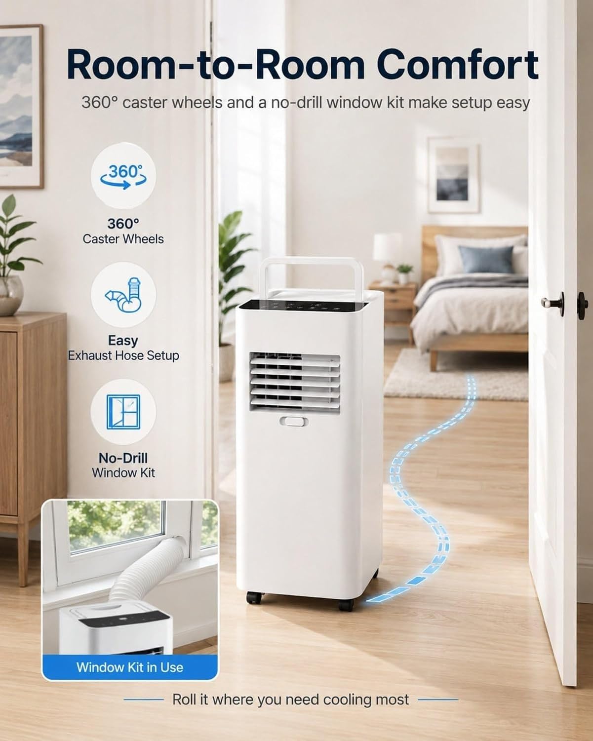 Przenośny klimatyzator 7000 BTU z zestawem okiennym, przepływ powietrza 150 m³/h, cichy 45 DB, timer 24H, oscylacja automatyczna, 2 prędkości do sypialni, biura, salonu
