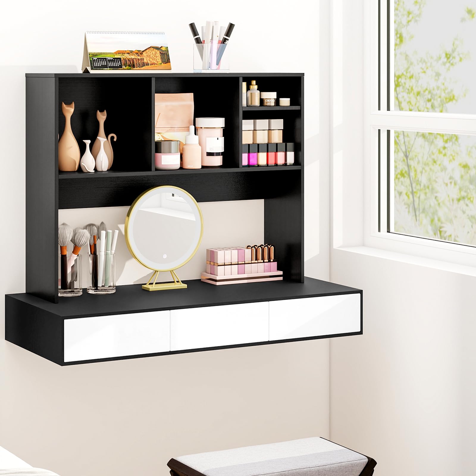 GIANTEX Scaffale da scrivania con 4 scomparti aperti, scaffale da tavolo con dispositivo di protezione ribaltabile e cuscinetti antiscivolo, in legno, 94 x 25 x 73 cm (nero)