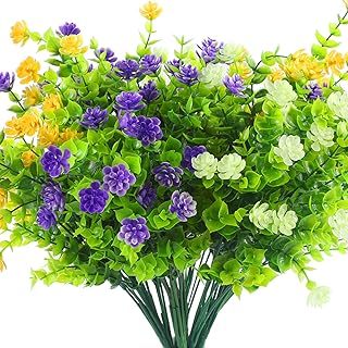 Lot de 8 fleurs artificielles d'extérieur résistantes aux UV - En plastique - Fausse plante pour jardinières extérieures - Pour porte d'entrée, cimetière - Blanc jaune violet