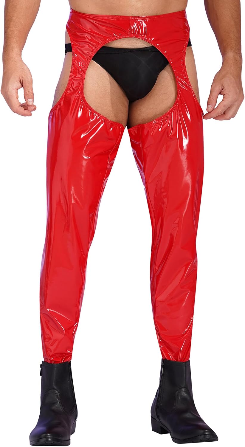 Sywiyi Mens Shiny PVC Leather High Waist Open Butt Slim Fit Leggings Tight Pants Long Trousers