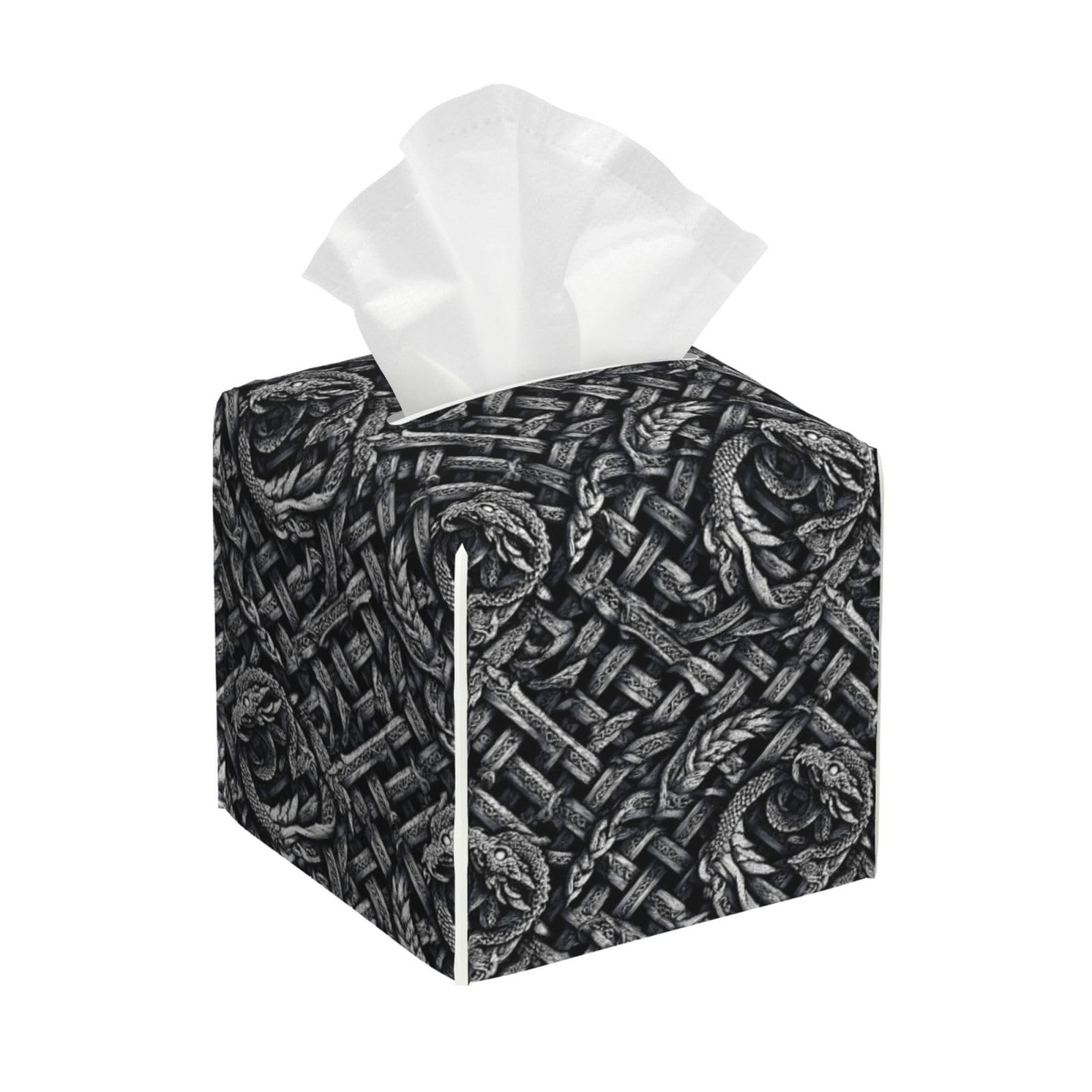 Norse Dragon Weave Print Tissue Box Cover Holder Square, Foldable Modern Cube Tissue Box Cover, Leather Decorative Organizer for Tabletop Bathroom Car Office Desk Decor