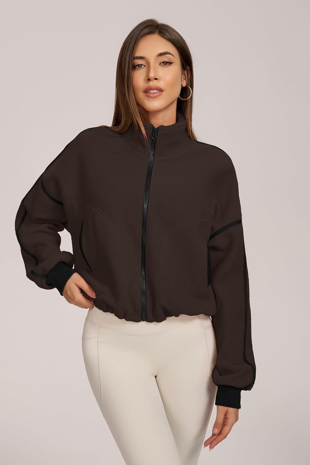 QINSEN Women Fleece Jacket Cropped Full-Zip Up Sherpa Jackets Warm Stand Collar Outerwear with Pockets
