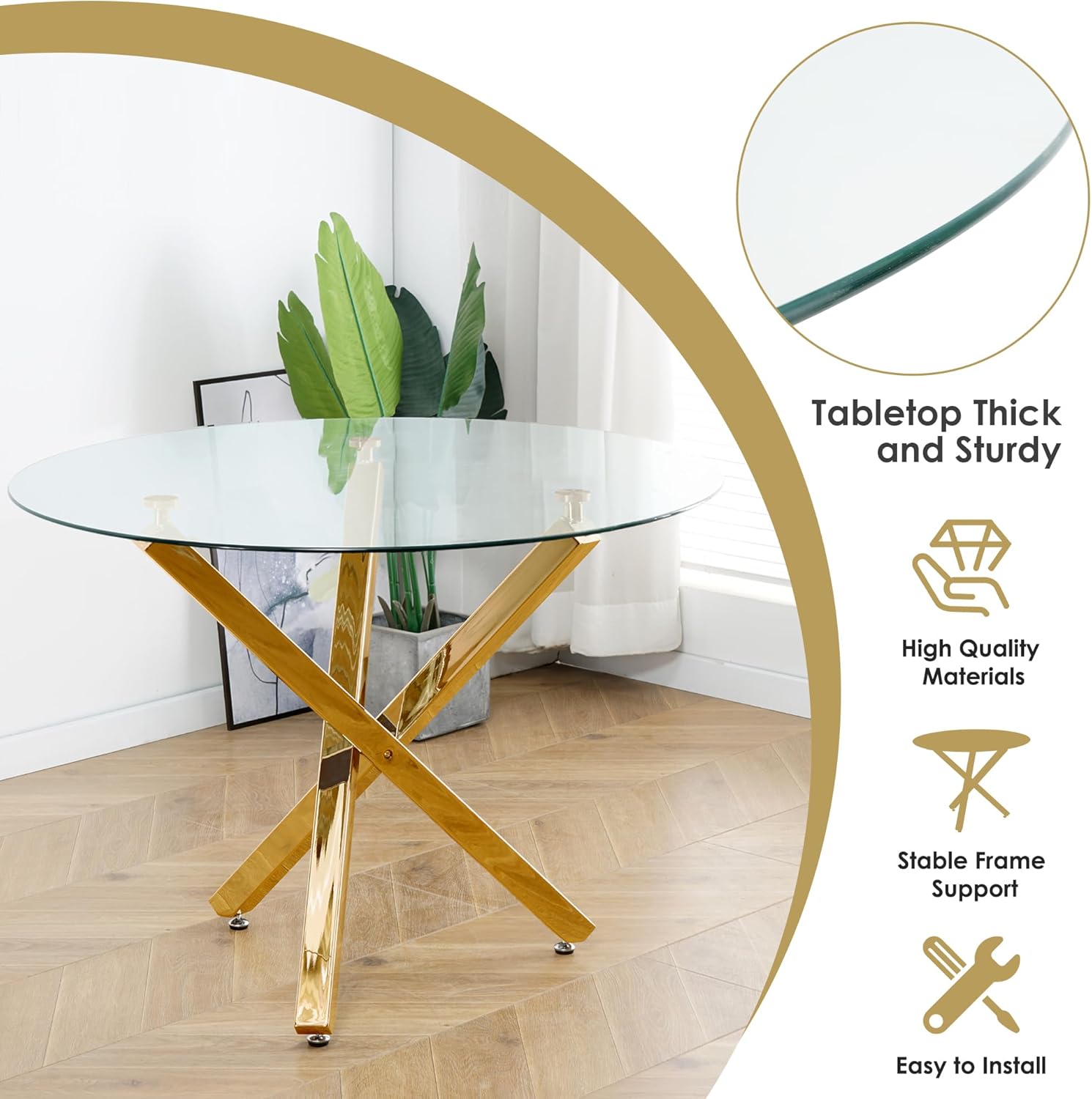 Gold Round Dining Table Set for 4, 39'' Clear Glass Top Dinner Table Set, 5 Piece Modern Luxury Circle Kitchen Table and Ivory Woven Chairs Set, Small Circular Dinette Set, for Apartment