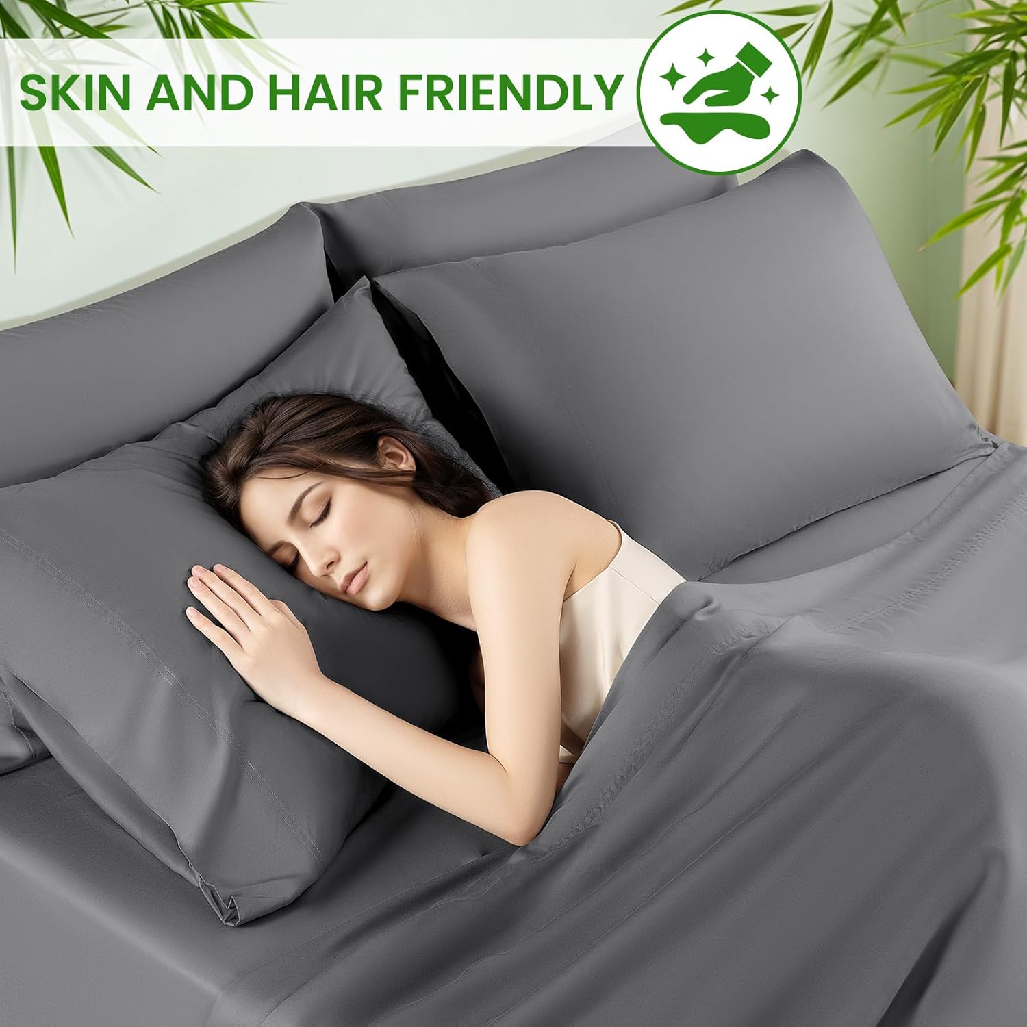 LBRO2M Cooling Bed Sheet 100% Viscose Derived from Bamboo Sheet Set Queen Size 6 Piece,16" Deep Pocket, 1800 TC Sheet Super Soft Silky Smooth,Breathable Cool (Queen Dark Gray)