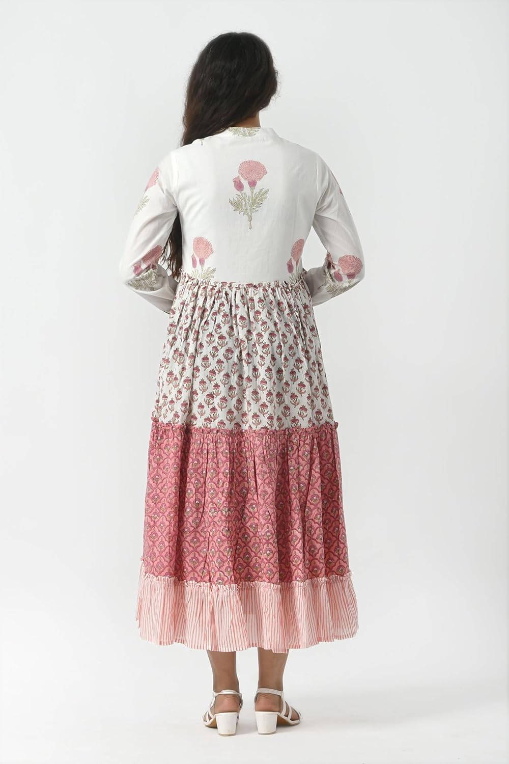 Women’s Block Print Maxi Dress, Cotton Tiered Long Gown with Pockets, Full Sleeve Button Down Ruffle Dress - Image 2